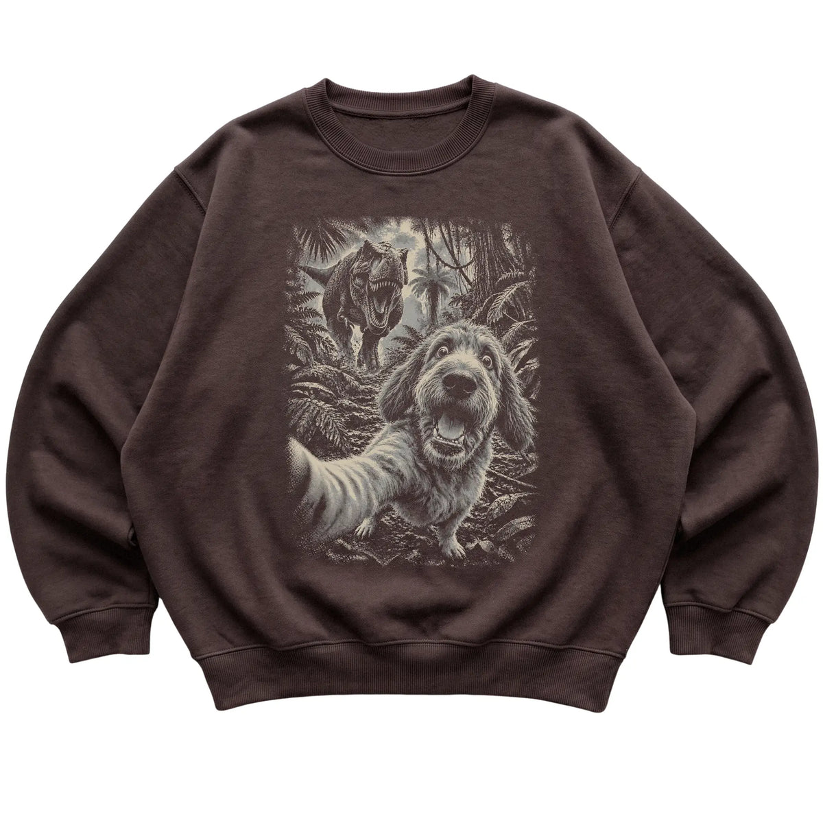 T-Rex Selfie Labradoodle Gildan Heavy Blend Crewneck Sweatshirt in Dark Chocolate, flat lay