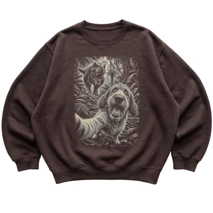 T-Rex Selfie Labradoodle Gildan Heavy Blend Crewneck Sweatshirt in Dark Chocolate, flat lay
