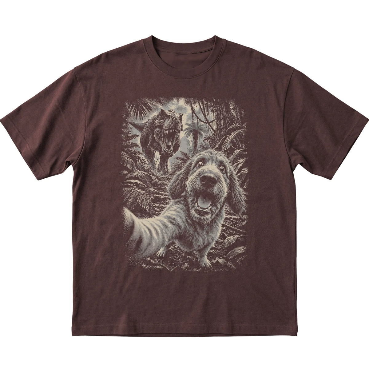 T-Rex Selfie Labradoodle Gildan Softstyle T-Shirt in Dark Chocolate, flat lay
