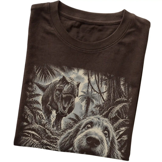 T-Rex Selfie Labradoodle Gildan Softstyle T-Shirt in Dark Chocolate, folded detail