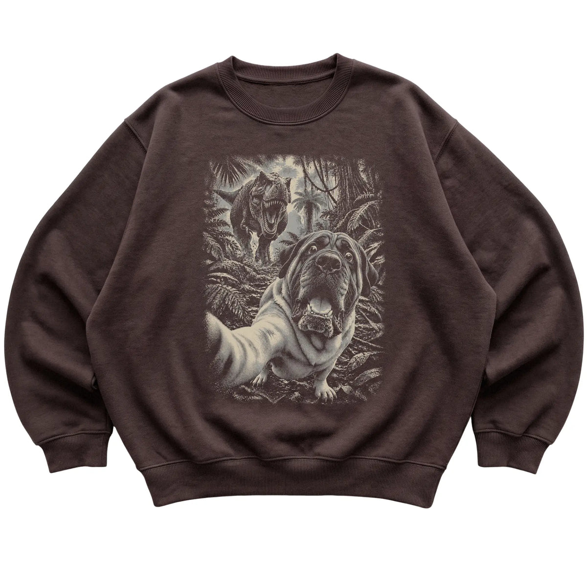 T-Rex Selfie Mastiff Gildan Heavy Blend Crewneck Sweatshirt in Dark Chocolate, flat lay