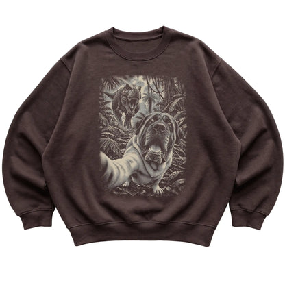 T-Rex Selfie Mastiff Gildan Heavy Blend Crewneck Sweatshirt in Dark Chocolate, flat lay