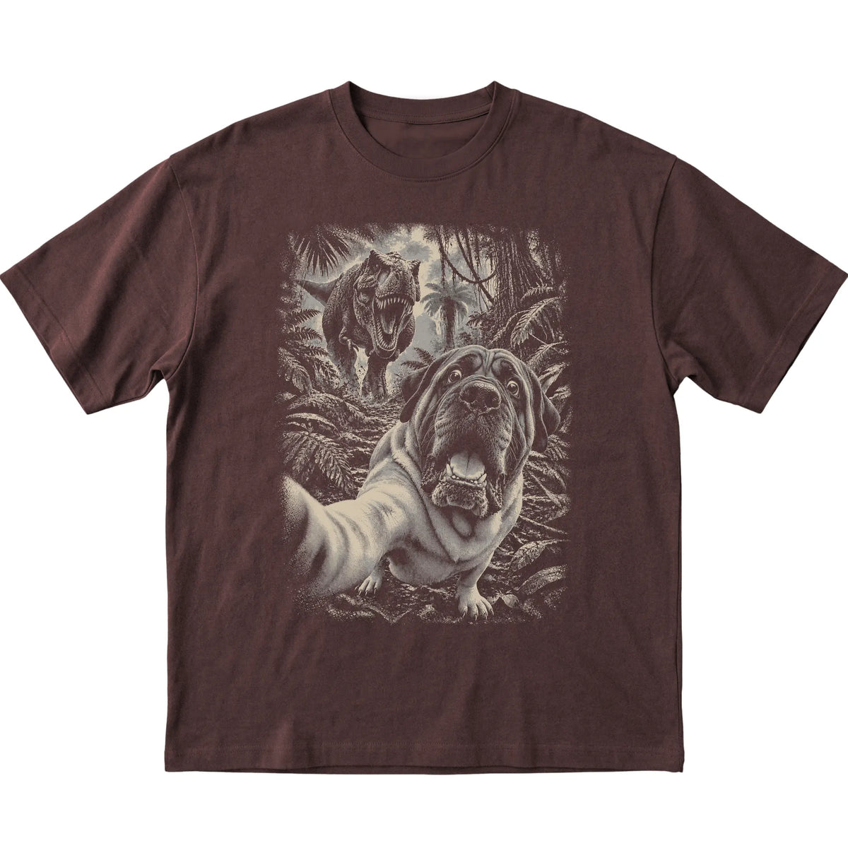 T-Rex Selfie Mastiff Gildan Softstyle T-Shirt in Dark Chocolate, flat lay