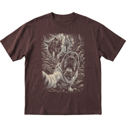 T-Rex Selfie Mastiff Gildan Softstyle T-Shirt in Dark Chocolate, flat lay