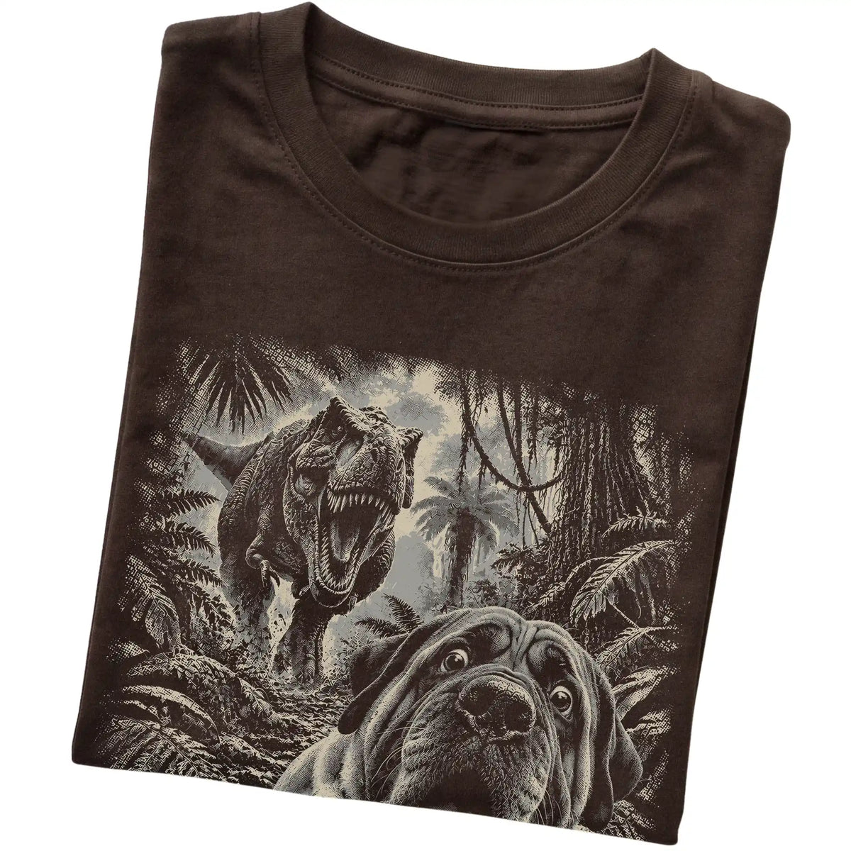 T-Rex Selfie Mastiff Gildan Softstyle T-Shirt in Dark Chocolate, folded detail