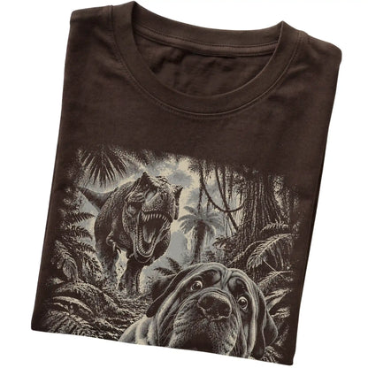 T-Rex Selfie Mastiff Gildan Softstyle T-Shirt in Dark Chocolate, folded detail