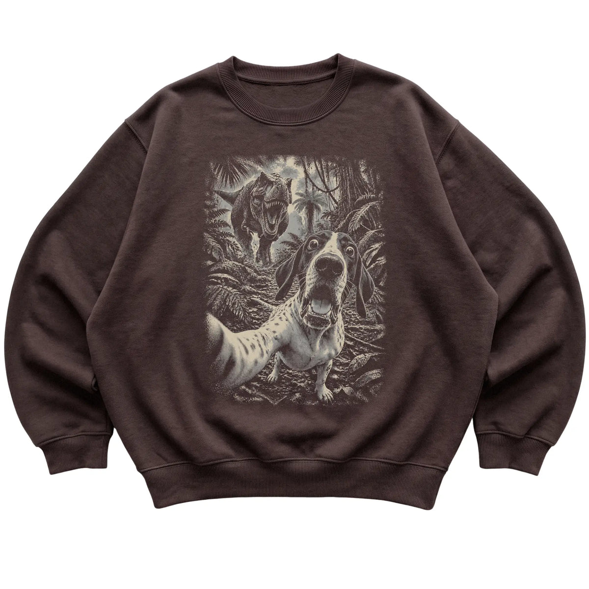 T-Rex Selfie Pointer Gildan Heavy Blend Crewneck Sweatshirt in Dark Chocolate, flat lay
