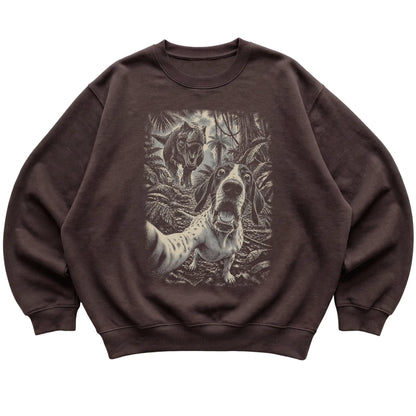 T-Rex Selfie Pointer Gildan Heavy Blend Crewneck Sweatshirt in Dark Chocolate, flat lay