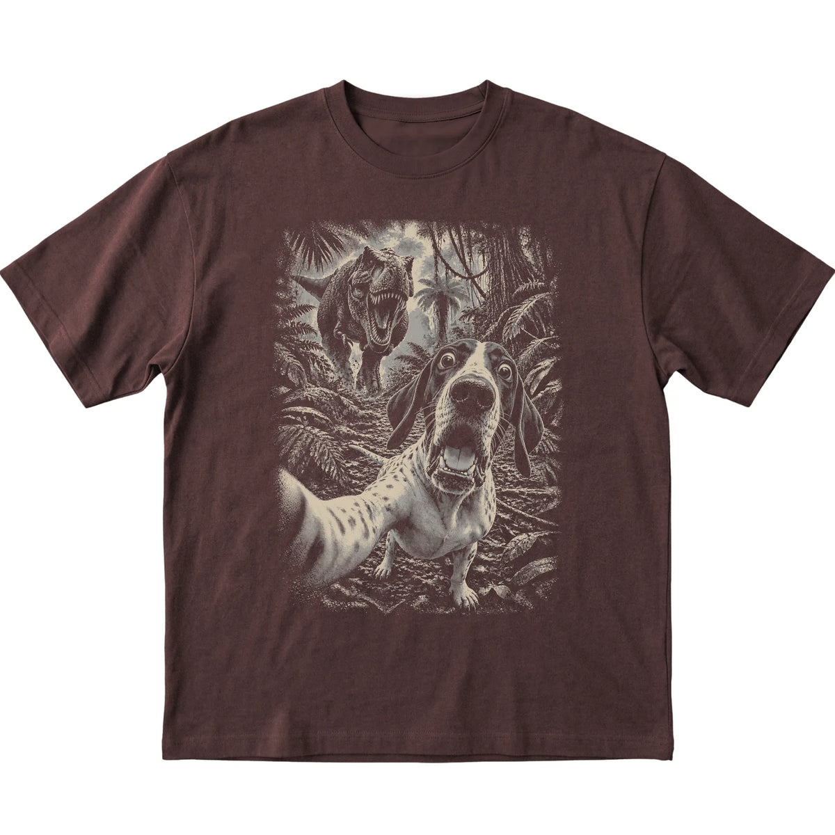 T-Rex Selfie Pointer Gildan Softstyle T-Shirt in Dark Chocolate, flat lay