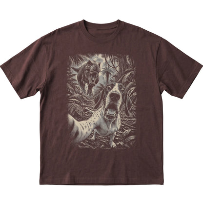 T-Rex Selfie Pointer Gildan Softstyle T-Shirt in Dark Chocolate, flat lay