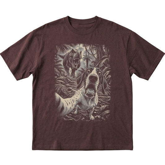 T-Rex Selfie Pointer Gildan Softstyle T-Shirt in Dark Chocolate, flat lay