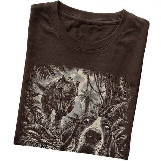 T-Rex Selfie Pointer Gildan Softstyle T-Shirt in Dark Chocolate, folded detail