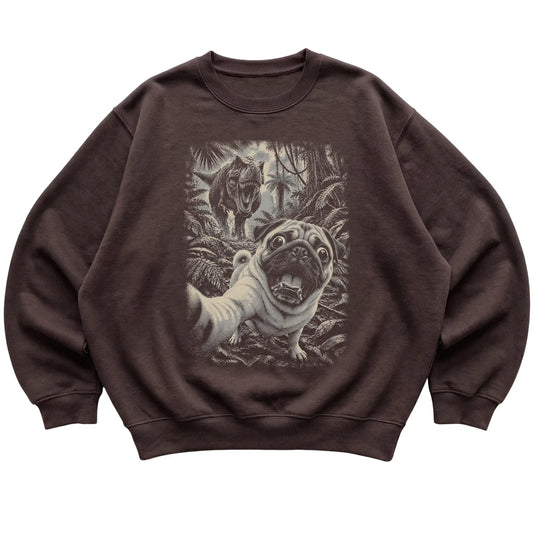 T-Rex Selfie Pug Gildan Heavy Blend Crewneck Sweatshirt in Dark Chocolate, flat lay