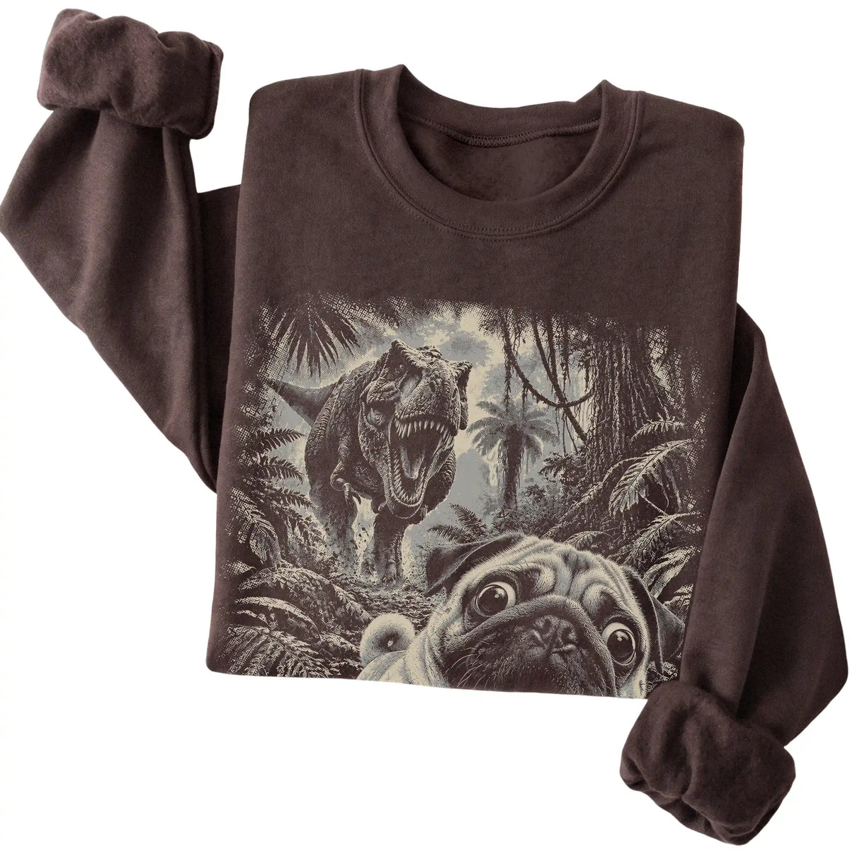 T-Rex Selfie Pug Gildan Heavy Blend Crewneck Sweatshirt in Dark Chocolate, folded detail