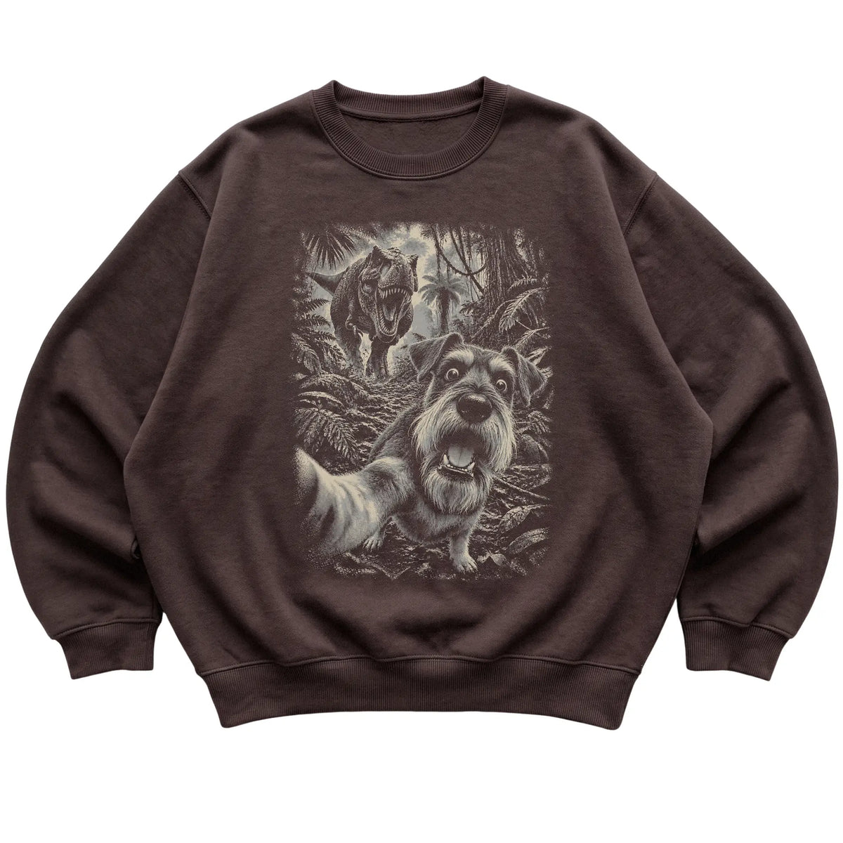 T-Rex Selfie Schnauzer Gildan Heavy Blend Crewneck Sweatshirt in Dark Chocolate, flat lay