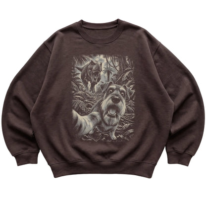 T-Rex Selfie Schnauzer Gildan Heavy Blend Crewneck Sweatshirt in Dark Chocolate, flat lay