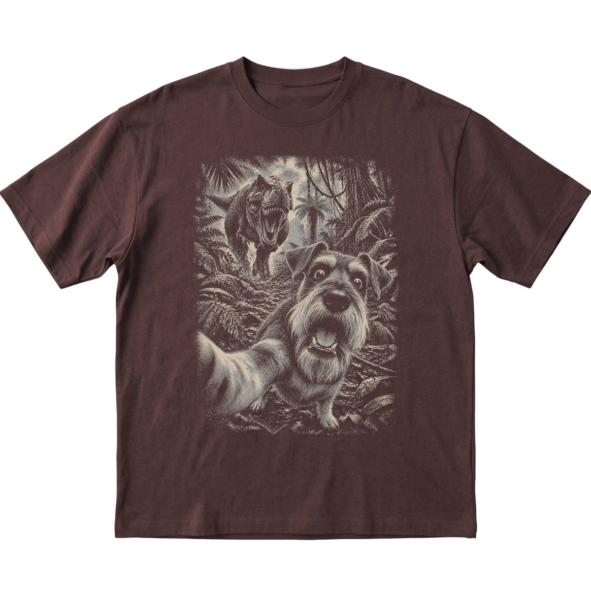 T-Rex Selfie Schnauzer Gildan Softstyle T-Shirt in Dark Chocolate, flat lay