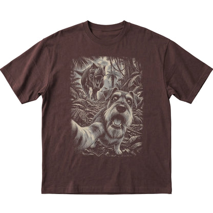 T-Rex Selfie Schnauzer Gildan Softstyle T-Shirt in Dark Chocolate, flat lay