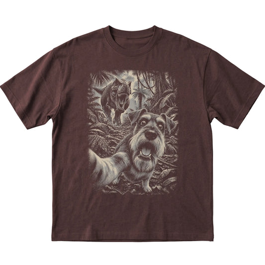 T-Rex Selfie Schnauzer Gildan Softstyle T-Shirt in Dark Chocolate, flat lay