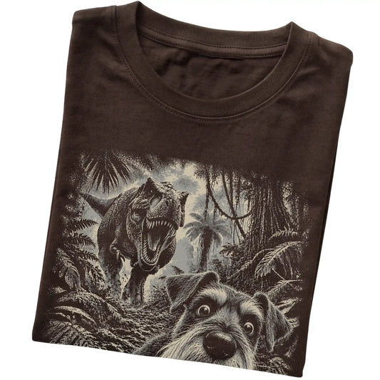 T-Rex Selfie Schnauzer Gildan Softstyle T-Shirt in Dark Chocolate, folded detail