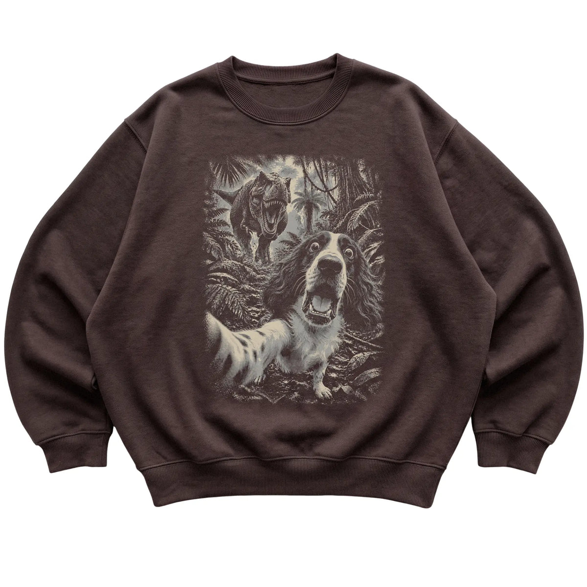 T-Rex Selfie Springer Spaniel Gildan Heavy Blend Crewneck Sweatshirt in Dark Chocolate, flat lay