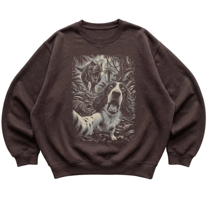 T-Rex Selfie Springer Spaniel Gildan Heavy Blend Crewneck Sweatshirt in Dark Chocolate, flat lay