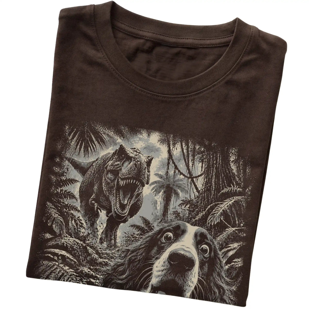 T-Rex Selfie Springer Spaniel Gildan Softstyle T-Shirt in Dark Chocolate, folded detail