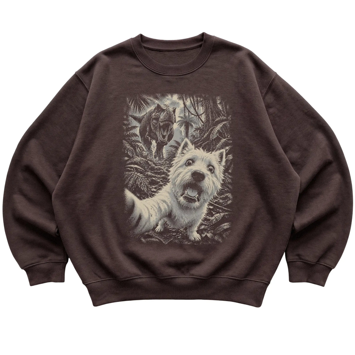 T-Rex Selfie Westie Gildan Heavy Blend Crewneck Sweatshirt in Dark Chocolate, flat lay