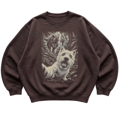 T-Rex Selfie Westie Gildan Heavy Blend Crewneck Sweatshirt in Dark Chocolate, flat lay