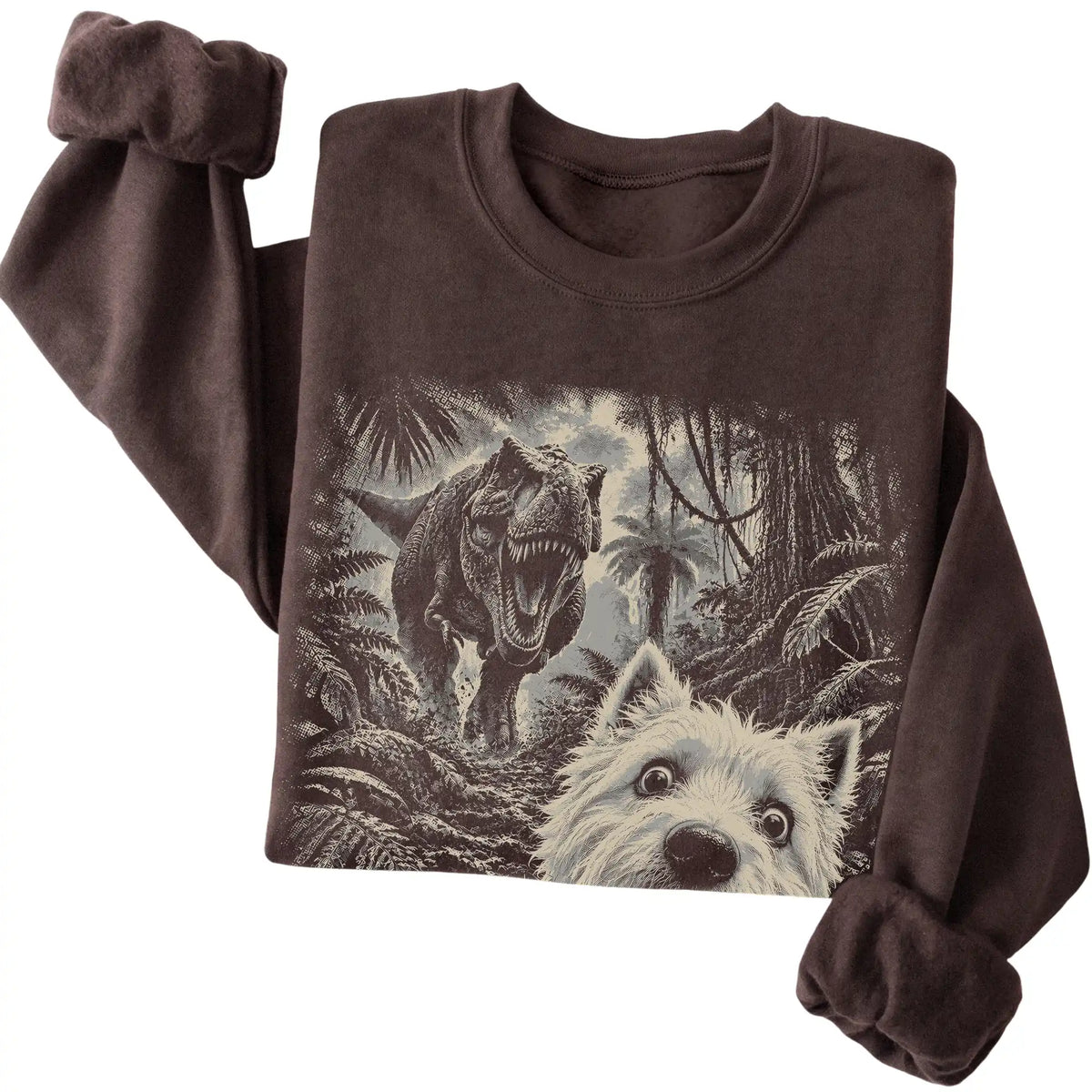 T-Rex Selfie Westie Gildan Heavy Blend Crewneck Sweatshirt in Dark Chocolate, folded detail