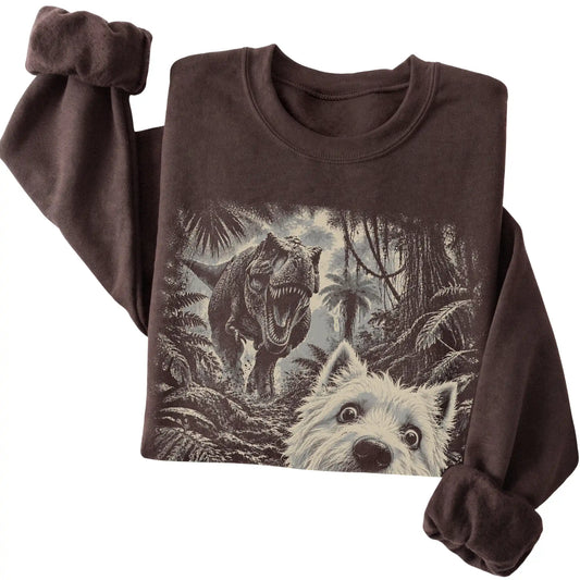 T-Rex Selfie Westie Gildan Heavy Blend Crewneck Sweatshirt in Dark Chocolate, folded detail