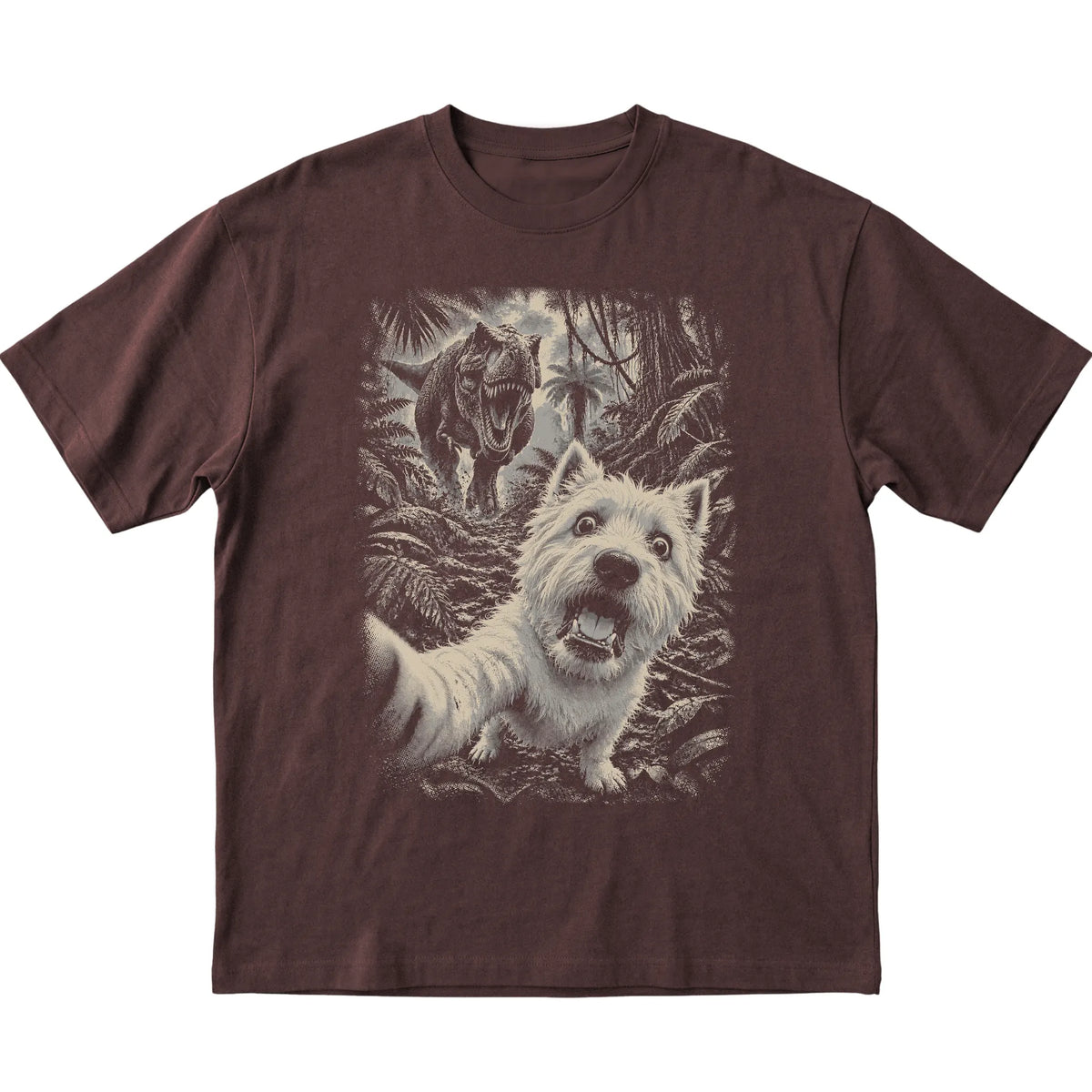 T-Rex Selfie Westie Gildan Softstyle T-Shirt in Dark Chocolate, flat lay