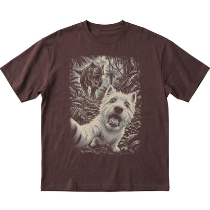 T-Rex Selfie Westie Gildan Softstyle T-Shirt in Dark Chocolate, flat lay