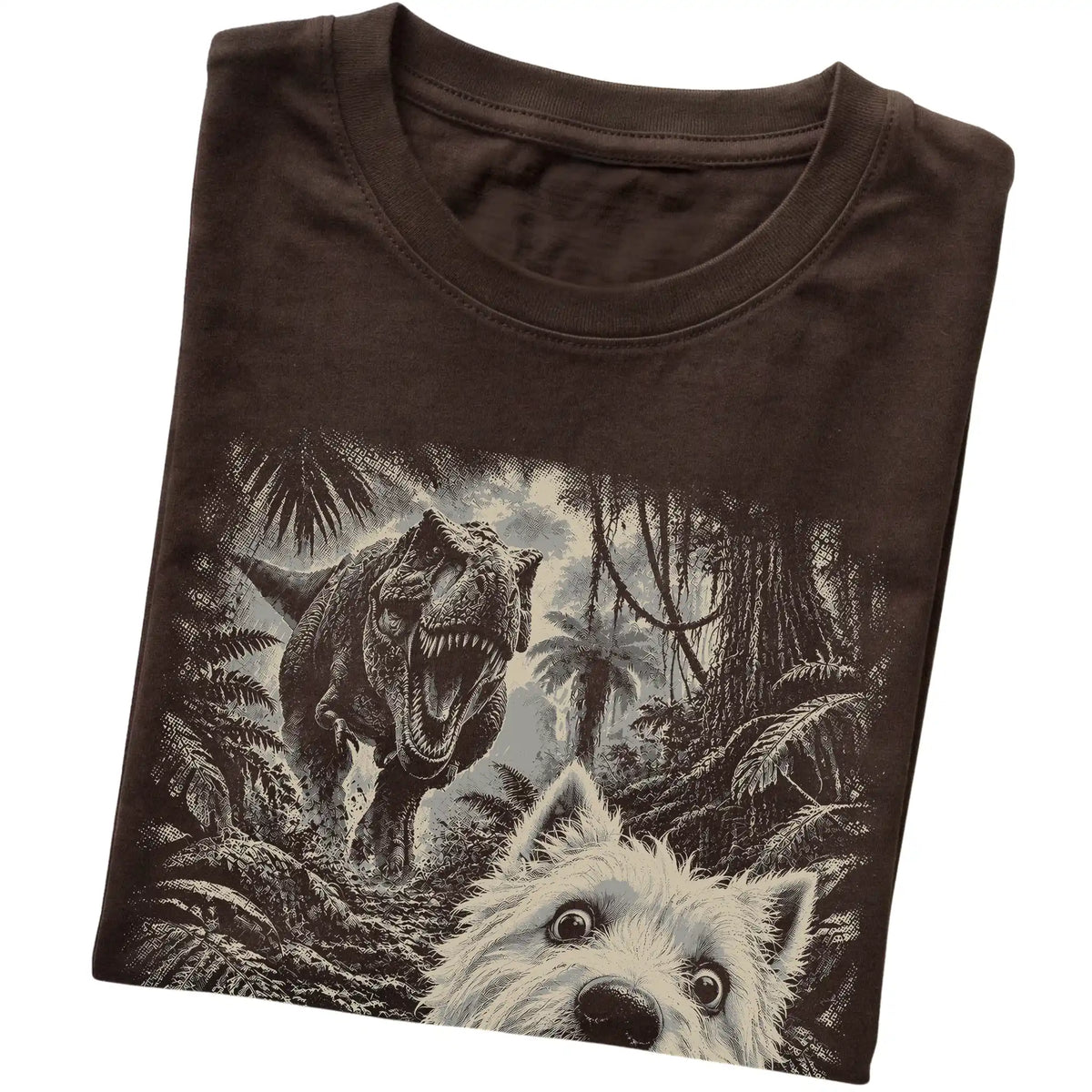 T-Rex Selfie Westie Gildan Softstyle T-Shirt in Dark Chocolate, folded detail