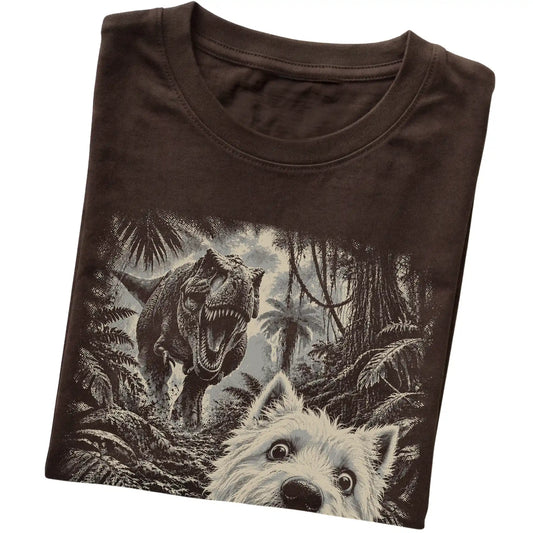 T-Rex Selfie Westie Gildan Softstyle T-Shirt in Dark Chocolate, folded detail