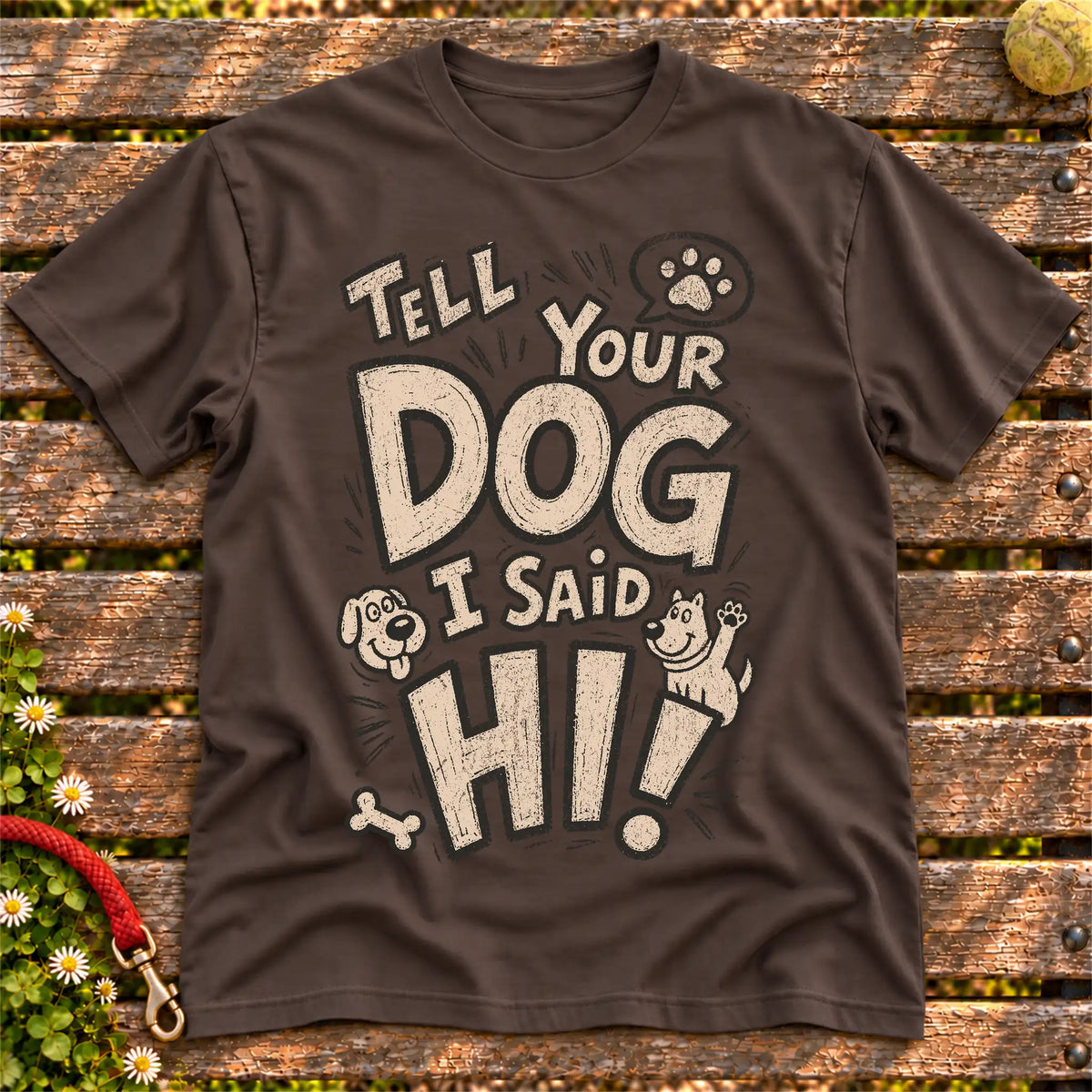 Tell your dog I said Hi! on a Dark Chocolate T-shirt, shown flat