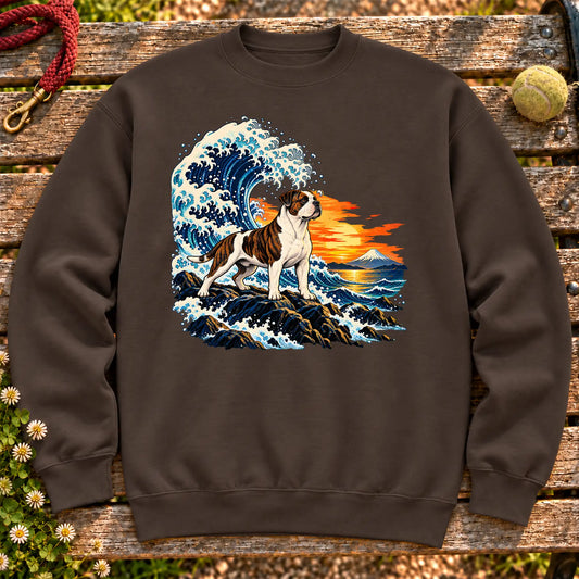 American Bulldog dog with ocean waves, sunset and Mount Fuji on a Dark Chocolate Gildan crewneck sweatshirt