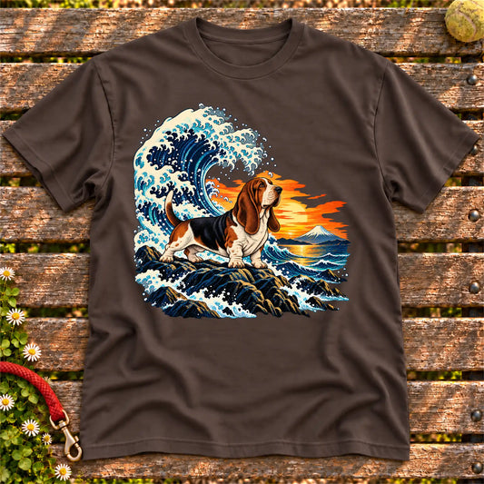 Basset Hound dog with ocean waves, sunset and Mount Fuji on a Dark Chocolate Gildan T-shirt