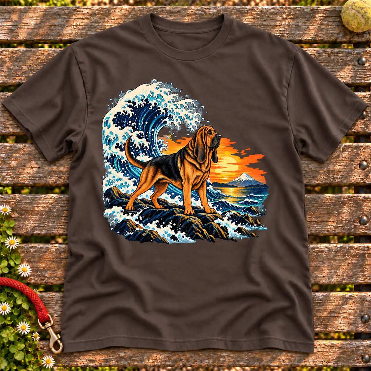 Bloodhound dog with ocean waves, sunset and Mount Fuji on a Dark Chocolate Gildan T-shirt