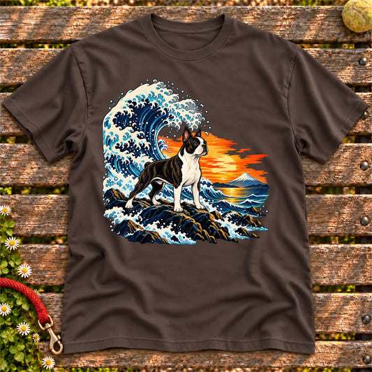 Boston Terrier dog with ocean waves, sunset and Mount Fuji on a Dark Chocolate Gildan T-shirt