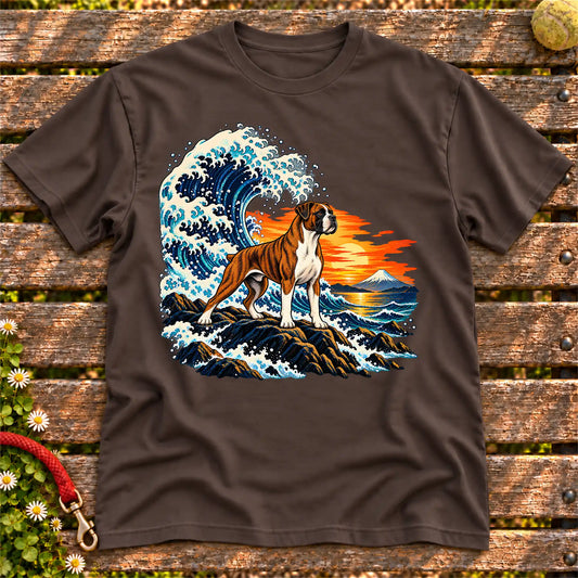Boxer dog with ocean waves, sunset and Mount Fuji on a Dark Chocolate Gildan T-shirt