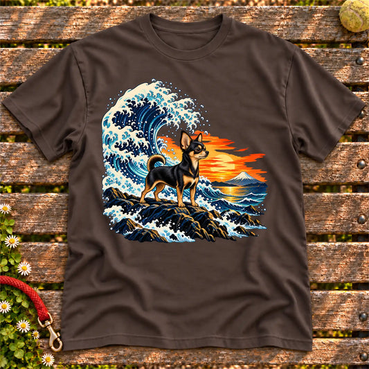 Chihuahua dog with ocean waves, sunset and Mount Fuji on a Dark Chocolate Gildan T-shirt