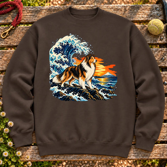 Collie dog with ocean waves, sunset and Mount Fuji on a Dark Chocolate Gildan crewneck sweatshirt