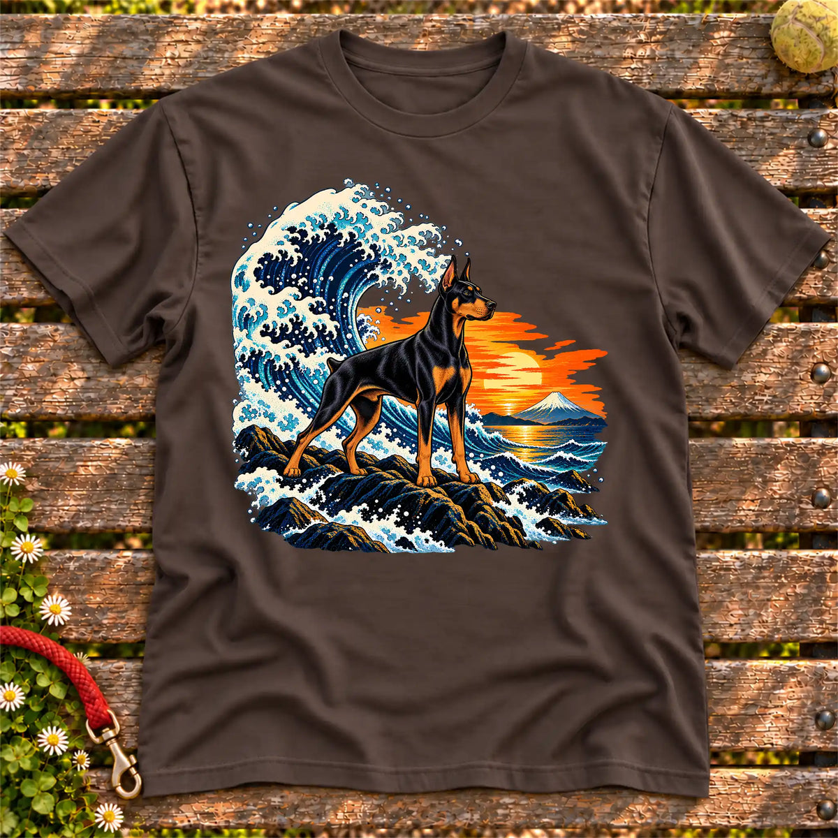 Doberman dog with ocean waves, sunset and Mount Fuji on a Dark Chocolate Gildan T-shirt