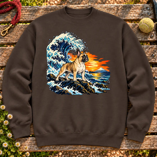 French Bulldog dog with ocean waves, sunset and Mount Fuji on a Dark Chocolate Gildan crewneck sweatshirt