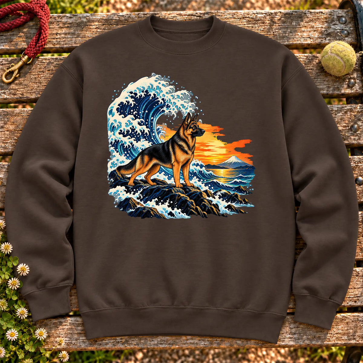 German Shepherd dog with ocean waves, sunset and Mount Fuji on a Dark Chocolate Gildan crewneck sweatshirt