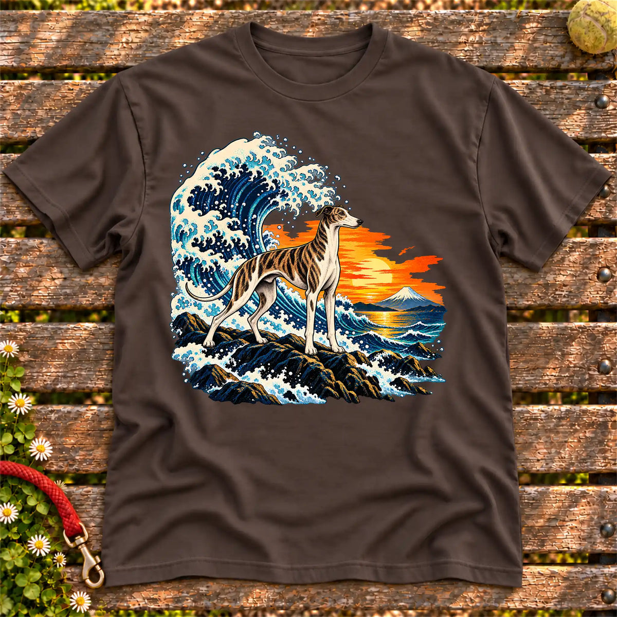 Greyhound dog with ocean waves, sunset and Mount Fuji on a Dark Chocolate Gildan T-shirt