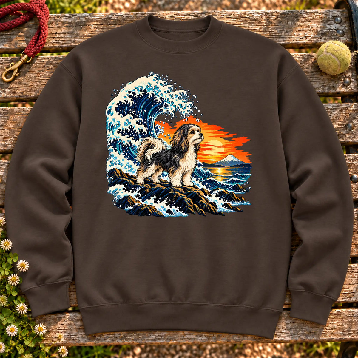 Havanese dog with ocean waves, sunset and Mount Fuji on a Dark Chocolate Gildan crewneck sweatshirt