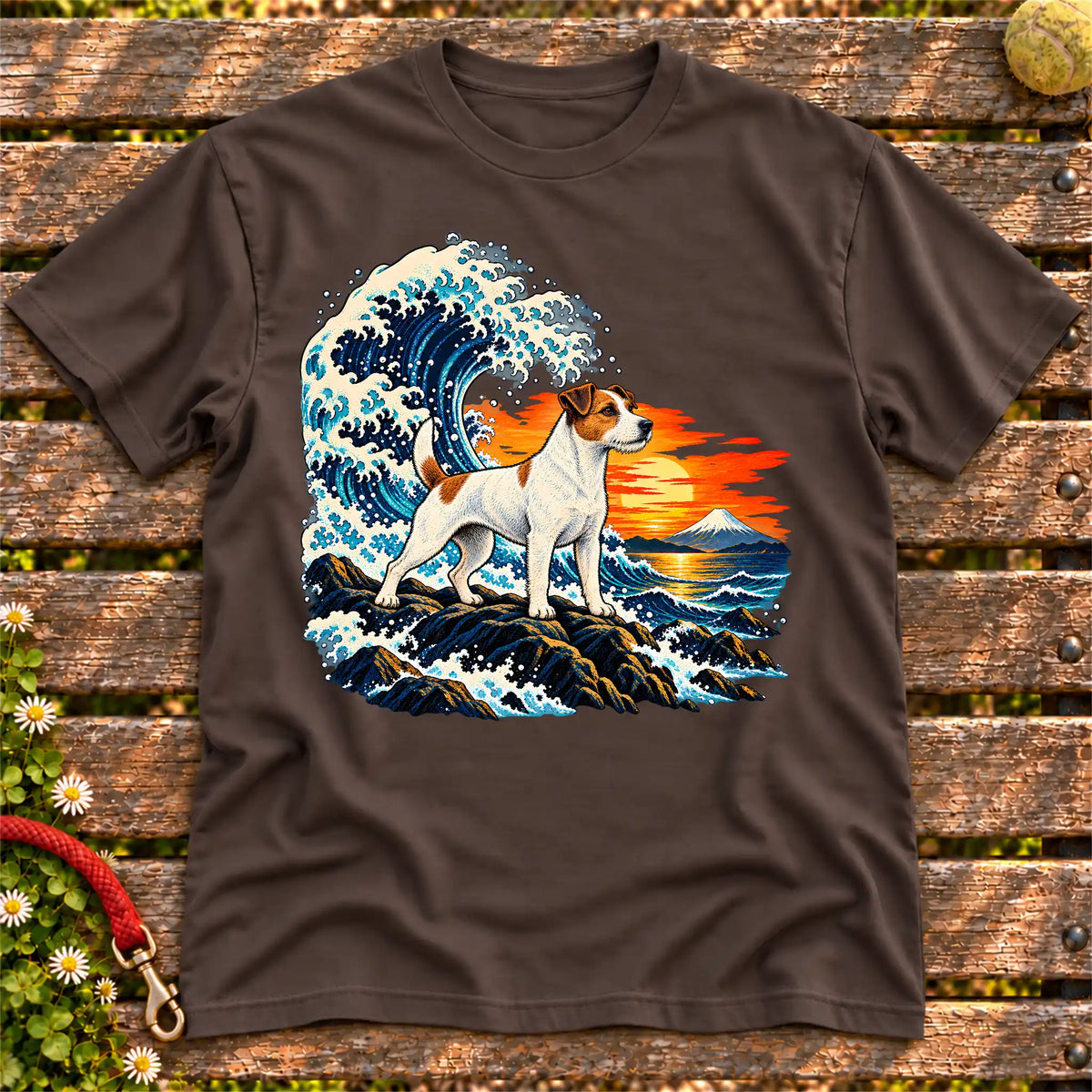 Jack Russell dog with ocean waves, sunset and Mount Fuji on a Dark Chocolate Gildan T-shirt