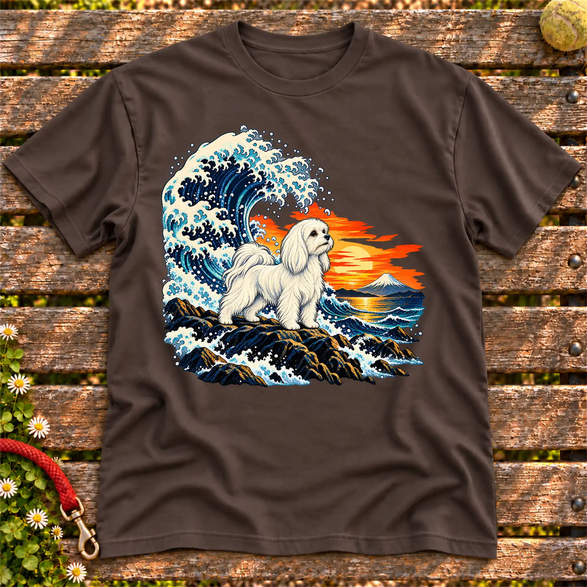 Maltese dog with ocean waves, sunset and Mount Fuji on a Dark Chocolate Gildan T-shirt